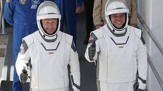 NASA astronauts Douglas Hurley, left, and Robert Behnken at the Kennedy Space Center in in Cape Canaveral, US, Saturday, May 30, 2020
