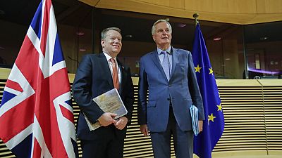 European Union chief Brexit negotiator Michel Barnier and British Prime Minister's Europe adviser David Frost during the start of the first round of post -Brexit.