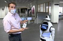 Euronews correspondent Jack Parrock trying out the Cruzr Health robot at the Antwerp University Hospital.