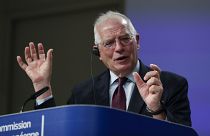 European Union foreign policy chief Josep Borrell addresses a video press conference at EU headquarters in Brussels, Tuesday, June 2, 2020