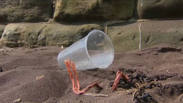 Un vaso de plástico en la playa Un vaso de plástico en la playa