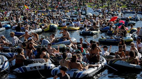 Boat party on the Landwehr Canal in Berlin. Boat party on the Landwehr Canal in Berlin.