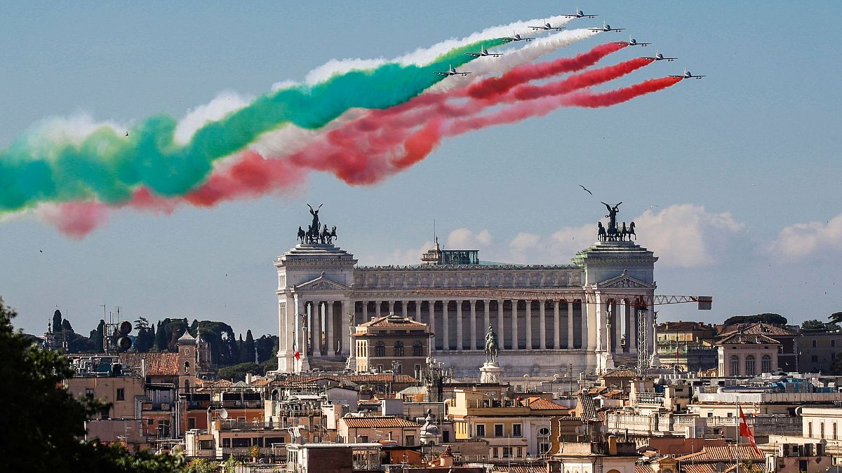 The Frecce Tricolori aerobatic squad of the Italian Air Force fly over Rome