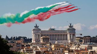 The Frecce Tricolori aerobatic squad of the Italian Air Force fly over Rome