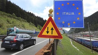 A car from Germany drives from Austrian to Italy at the Brenner Pass boarder crossing