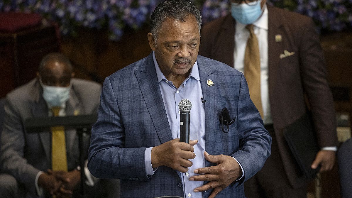 The Rev. Jesse L. Jackson speaks at Greater Friendship Missionary Baptist Church, Thursday, May 28, 2020, in Minneapolis.