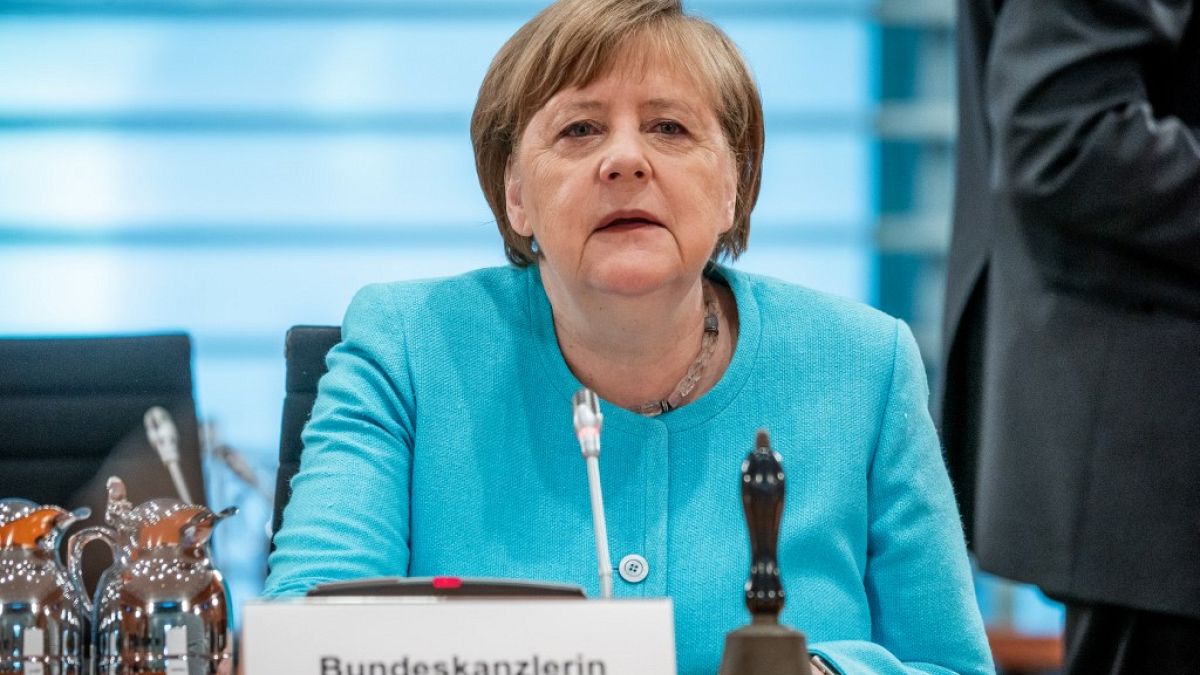 German Chancellor Angela Merkel looks on at the start of the weekly cabinet meeting on June 3, 2020