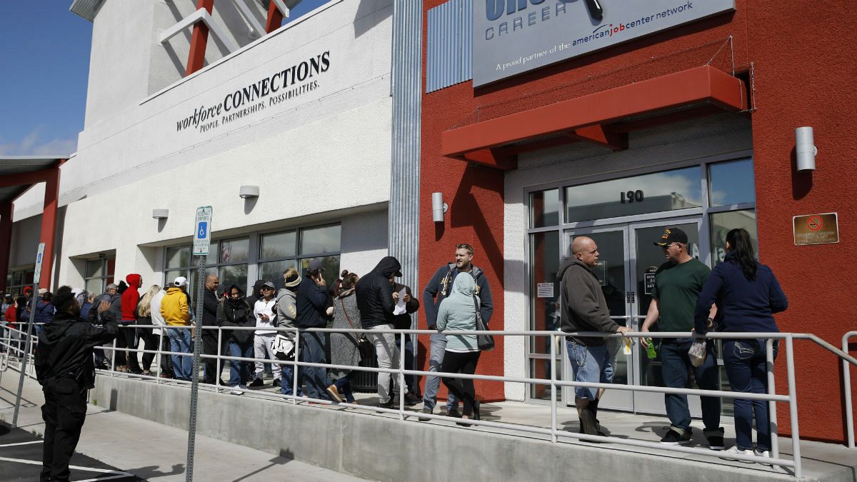 People wait in line for help with unemployment benefits, Las Vegas