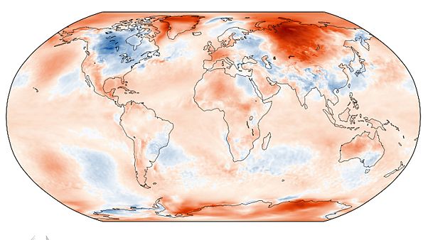 Anomalía de temperaturas en mayo de 2020, en rojo, temperaturas más cálidas que la media, en azul, más frías. Anomalía de temperaturas en mayo de 2020, en rojo, temperaturas más cálidas que la media, en azul, más frías.