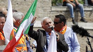 Leader of the Orange Vests movement, Antonio Pappalardo, addresses a rally in Rome, Tuesday, June 2, 2020