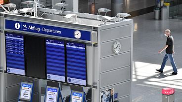 The empty departure information board at the airport in Duesseldorf, Germany, on June 3, 2020.