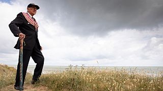 World War II D-Day veteran Charles Norman Shay from Maine, USA, overlooking Omaha Beach prior to a ceremony in Saint-Laurent-sur-Mer, Normandy, France, Friday, June 5, 2020.