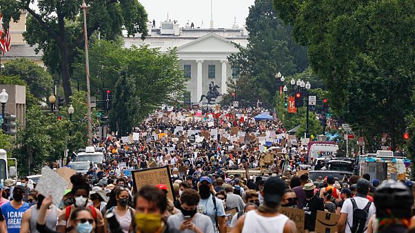 Demonstrators protest Saturday, June 6, 2020, near the White House in Washington, over the death of George Floyd Demonstrators protest Saturday, June 6, 2020, near the White House in Washington, over the death of George Floyd