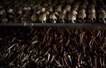 The skulls and bones of Rwandans who were slaughtered as they sought refuge are laid out as a memorial inside the church in Ntarama where they sought refuge. 4 April 2014