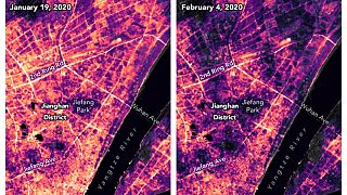 تصاویر ناسا از منطقه‌ای در ووهان چین، در روزهای ۱۰ ژانویه و ۴ فوریه ۲۰۲۰، پیش و پس از قرنطینه