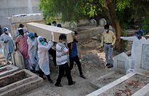 Rescue workers and family members carry the casket of Khursheed Bibi, who died due to coronavirus, for her burial at a cemetery in Hyderabad, Pakistan