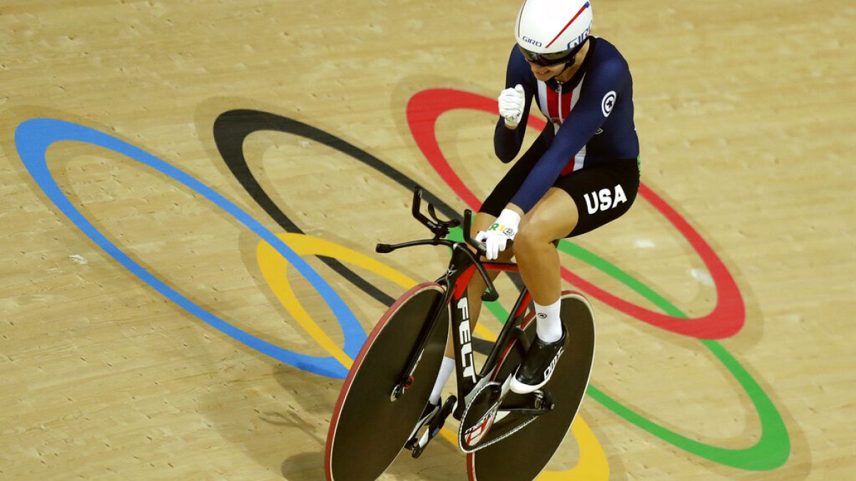 Sarah Hammer of the United States celebrates after the women's omnium cycling time trial at the Rio Olympic Velodrome during the 2016 Summer Olympics in Rio de Janeiro, Brazil