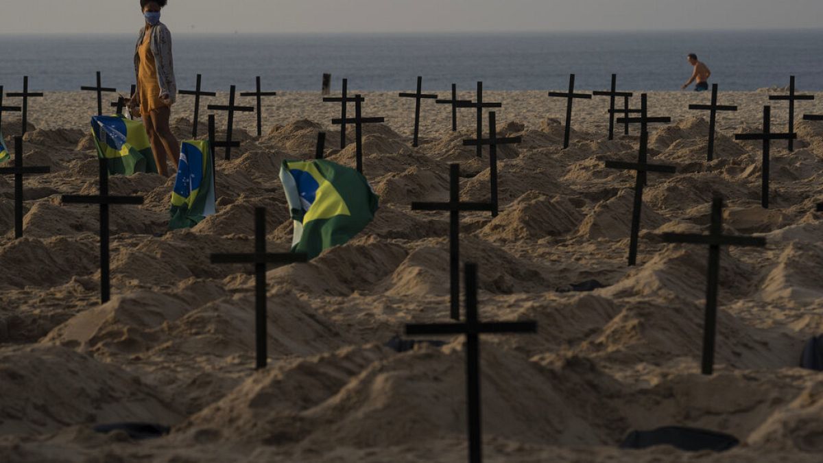 Protesto na Praia de Copacabana contra o que ativistas dizem ser o mau desempenho dos governos a lidar com a Covid-19