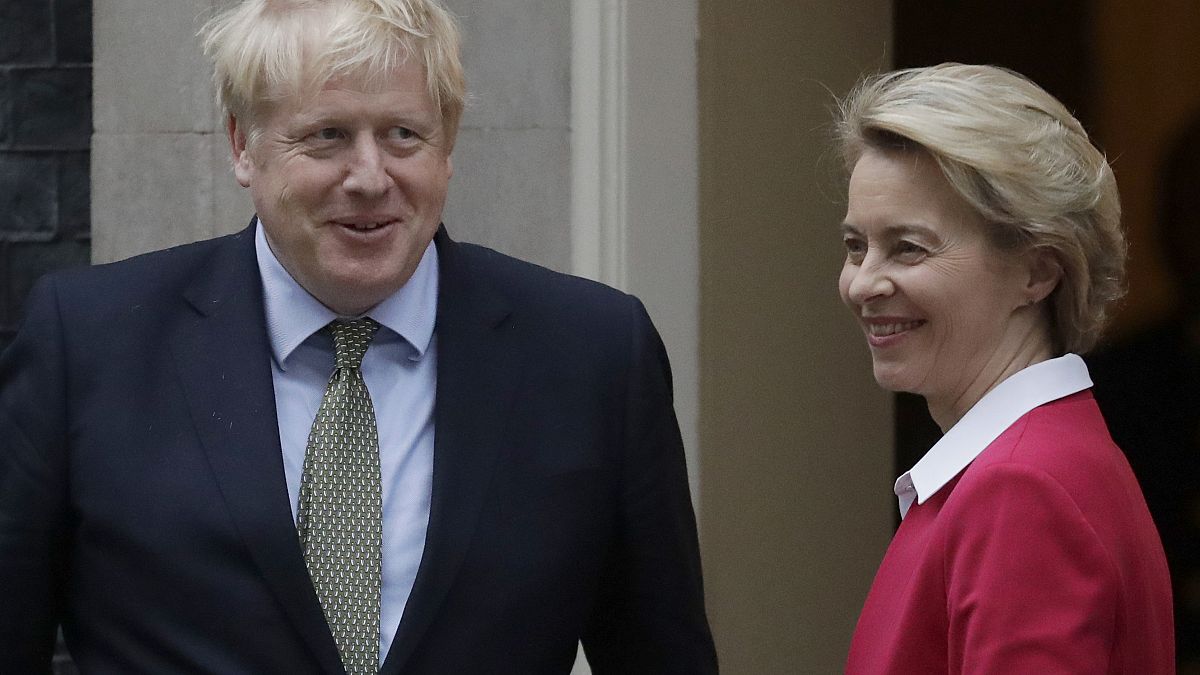 Britain's Prime Minister Boris Johnson greets European Commission President Ursula von der Leyen outside 10 Downing Street in London, Wednesday, Jan. 8, 2020.