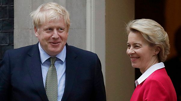 Britain's Prime Minister Boris Johnson greets European Commission President Ursula von der Leyen outside 10 Downing Street in London, Wednesday, Jan. 8, 2020. Britain's Prime Minister Boris Johnson greets European Commission President Ursula von der Leyen outside 10 Downing Street in London, Wednesday, Jan. 8, 2020.