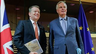 EU chief Brexit negotiator Michel Barnier (R) and the UK's Brexit negotiator David Frost in Brussels on March 2, 2020