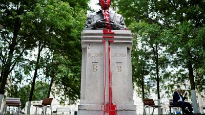 Vandalised statue of King Baudouin of Belgium (1930–1993) in the center of Brussels.