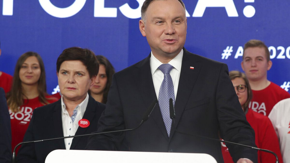 In this Feb. 19, 2020 file photo, Poland's President Andrzej Duda campaigns for his re-election in Warsaw, Poland.
