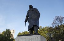 Statue of British Prime Minister Winston Churchill in Parliament Square in London, Friday, May 8, 2020