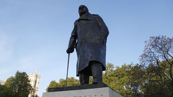 Statue of British Prime Minister Winston Churchill in Parliament Square in London, Friday, May 8, 2020 Statue of British Prime Minister Winston Churchill in Parliament Square in London, Friday, May 8, 2020