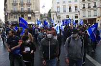  In this June 12, 2020, file photo, French police unionists demonstrate in front of the Interior Ministry in Paris.