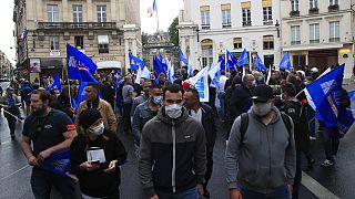  In this June 12, 2020, file photo, French police unionists demonstrate in front of the Interior Ministry in Paris.
