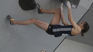 Luce Douady of France competes during the womens bouldering final competition of the International Federation of Sport Climbing World Cup in Colorado.