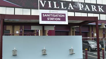 A view of a sanitisation station, at Villa Park stadium, a day ahead of the English Premier League football match between Aston Villa and Sheffield United