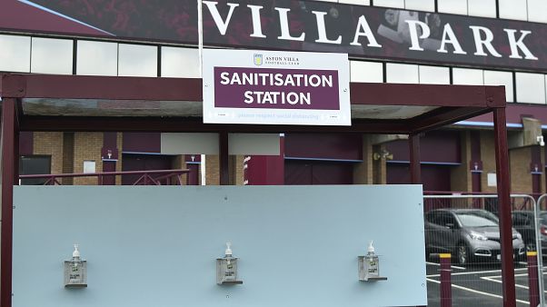 A view of a sanitisation station, at Villa Park stadium, a day ahead of the English Premier League football match between Aston Villa and Sheffield United A view of a sanitisation station, at Villa Park stadium, a day ahead of the English Premier League football match between Aston Villa and Sheffield United