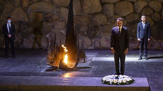 Greek Prime Minister Kyriakos Mitsotakis stands during a ceremony in the Hall of Remembrance at the Yad Vashem Holocaust Museum in Jerusalem