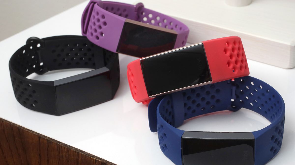 The Fitbit Charge 3 fitness trackers with sport bands are displayed in New York in August 2018.
