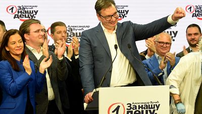 Serbian President, and leader of the Serbian Progressive Party (SNS), Aleksandar Vucic celebrates zfter party parliamentary elections in Belgrade on June 21, 2020. 