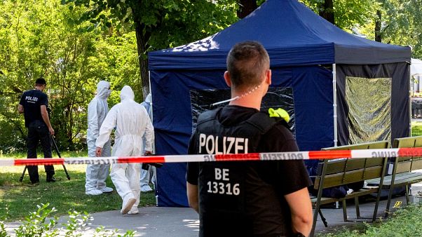This photo taken on August 23, 2019 at a crime scene in a park of Berlin's Moabit district, where a man of Georgian origin was shot dead. This photo taken on August 23, 2019 at a crime scene in a park of Berlin's Moabit district, where a man of Georgian origin was shot dead.