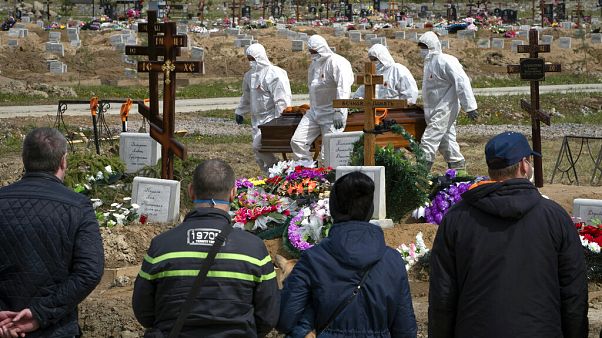 Gravediggers in protective suits carry the coffin of a COVID-19 victim Gravediggers in protective suits carry the coffin of a COVID-19 victim