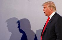 File - US President Donald Trump casts shadows on the wall after a press conference, in Warsaw, Poland, July 6, 2017