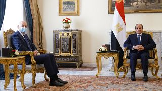 Ο Πρόεδρος της Αιγύπτου Abdel Fattah el-Sisi  συνομιλεί με τον υπουργό Εξωτερικών της Ελλάδας Νίκο Δένδια