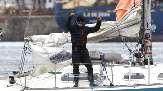 Juan Manuel Ballestero on the deck of his boat in Mar del Plata on Thursday, at the end of a three-month crossing of the Atlantic Ocean