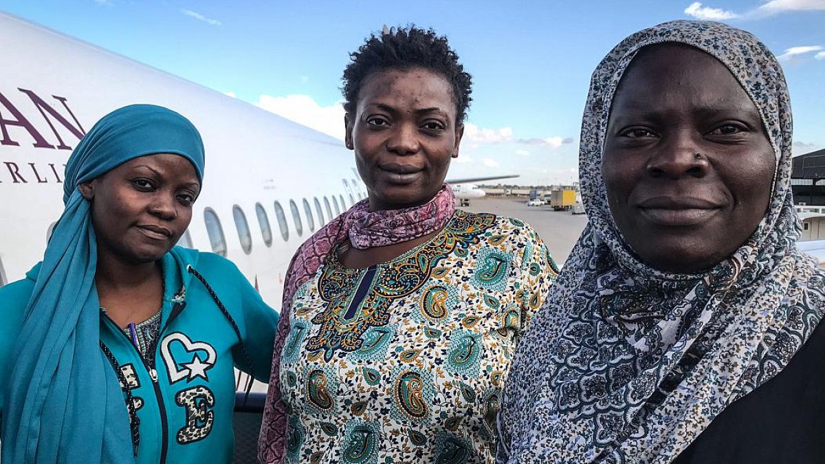 Sandrine, Rachel and Berline moments before boarding a flight from Misrata Airport, Libya, October 2018