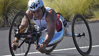 Alex Zanardi rides during the cycling portion of the Ironman World Championship Triathlon, in Kailua-Kona, Hawaii, October 10, 2015