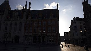 View of Market Square in Bruges, Belgium, Wednesday, May 13, 2020