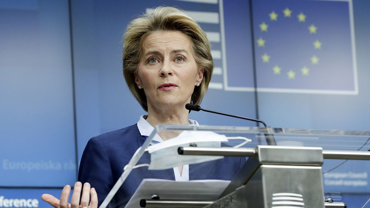 European Commission President Ursula von der Leyen speaks during a media conference after an EU summit, in video conference format, at the European Council in Brussels, Friday