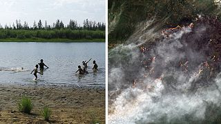Izda: Niños bañándose a las afueras de Verkhoyansk, Siberia, que acaba de alcanzar el record de 38º C. Dcha: incendio captado por satélite en el Círculo Polar