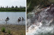 Left: Children bathing outside Verkhoyansk, Siberia, which has just reached a record high of 38º C. Right: Fire caught by satellite in the Arctic Circle