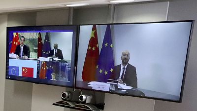 European Council President Charles Michel speaks with Chinese Premier Li Keqiang,  in video conference format