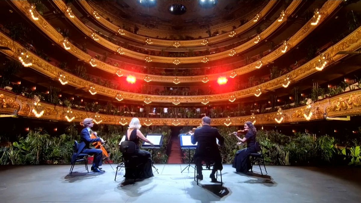 Barcelona's Liceu opera house reopens for performance to an audience of potted plants